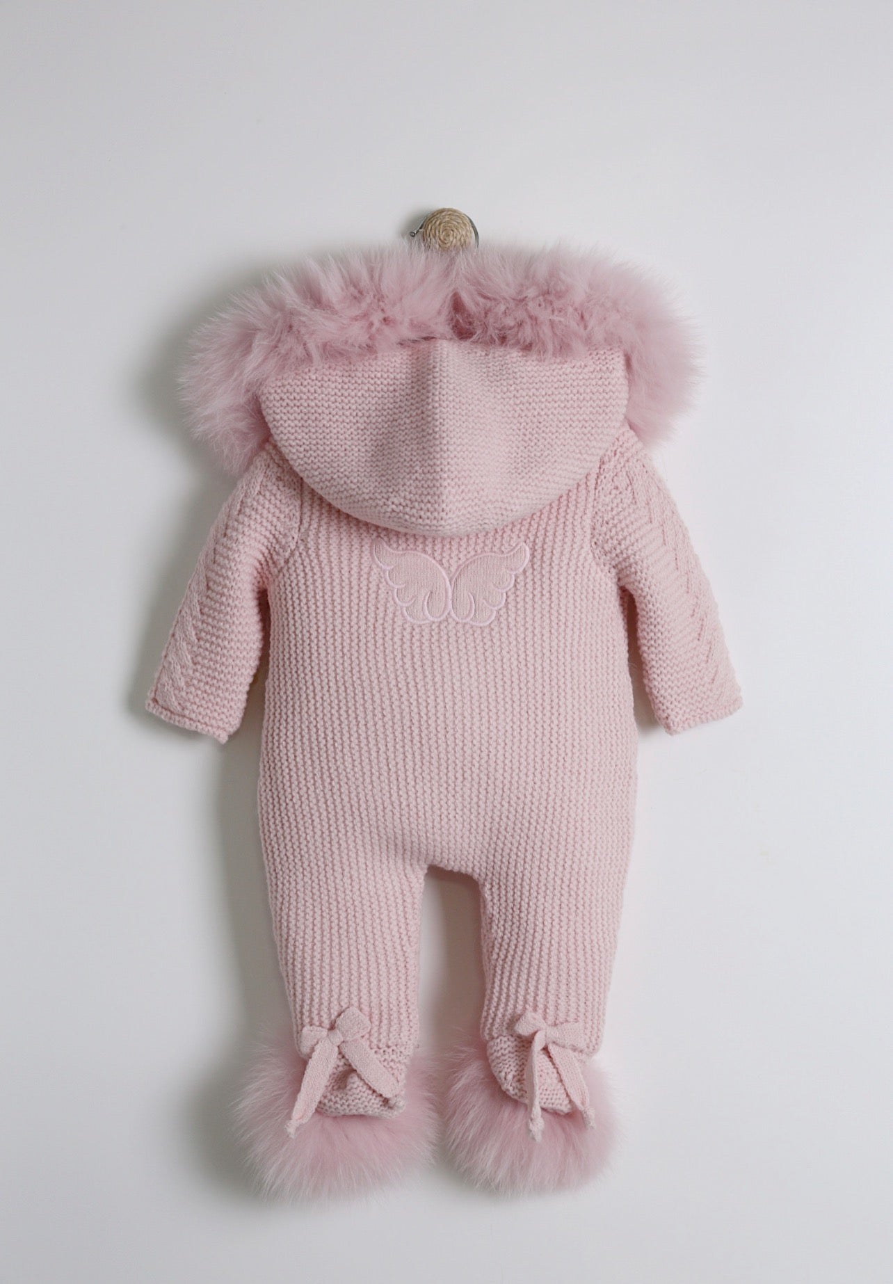 PINK MI LOVES SIGNATURE Fox fur trim/pompoms Baby ANGEL pramsuit.