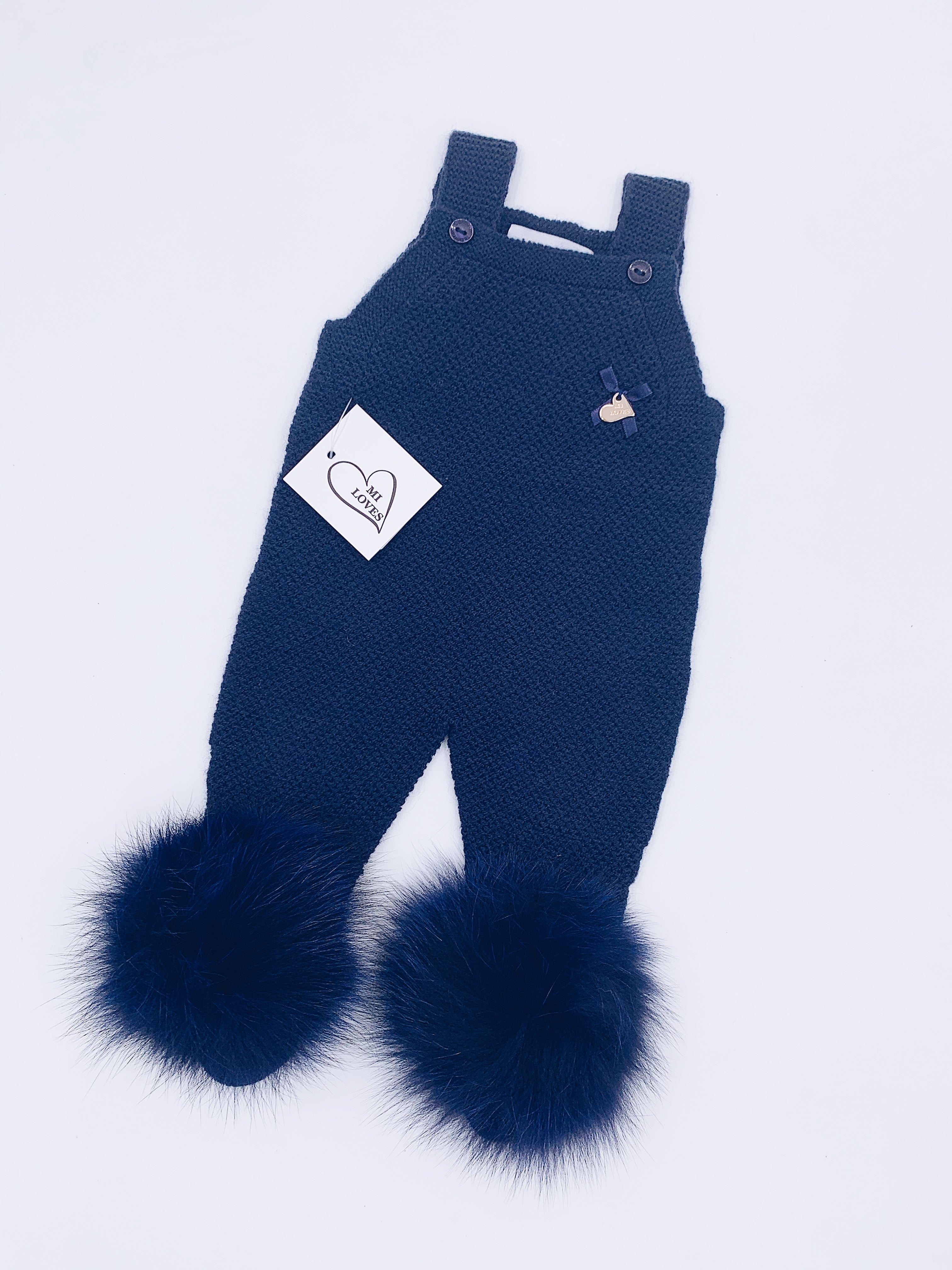 MI LOVES SIGNATURE Luxurious knitted Dungarees with fox fur pompoms(ALL COLOURS)