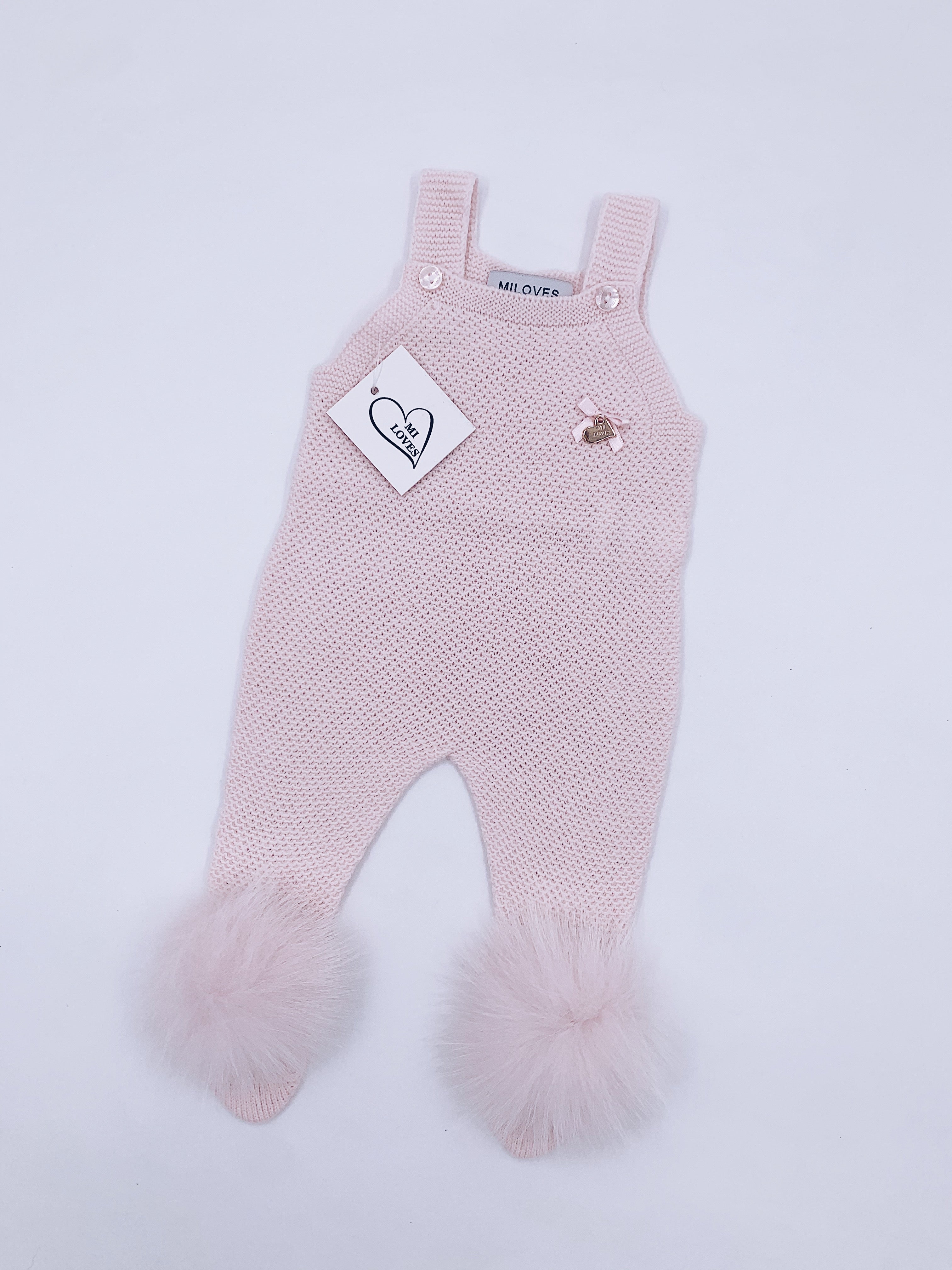 MI LOVES SIGNATURE Luxurious knitted Dungarees with fox fur pompoms(ALL COLOURS)