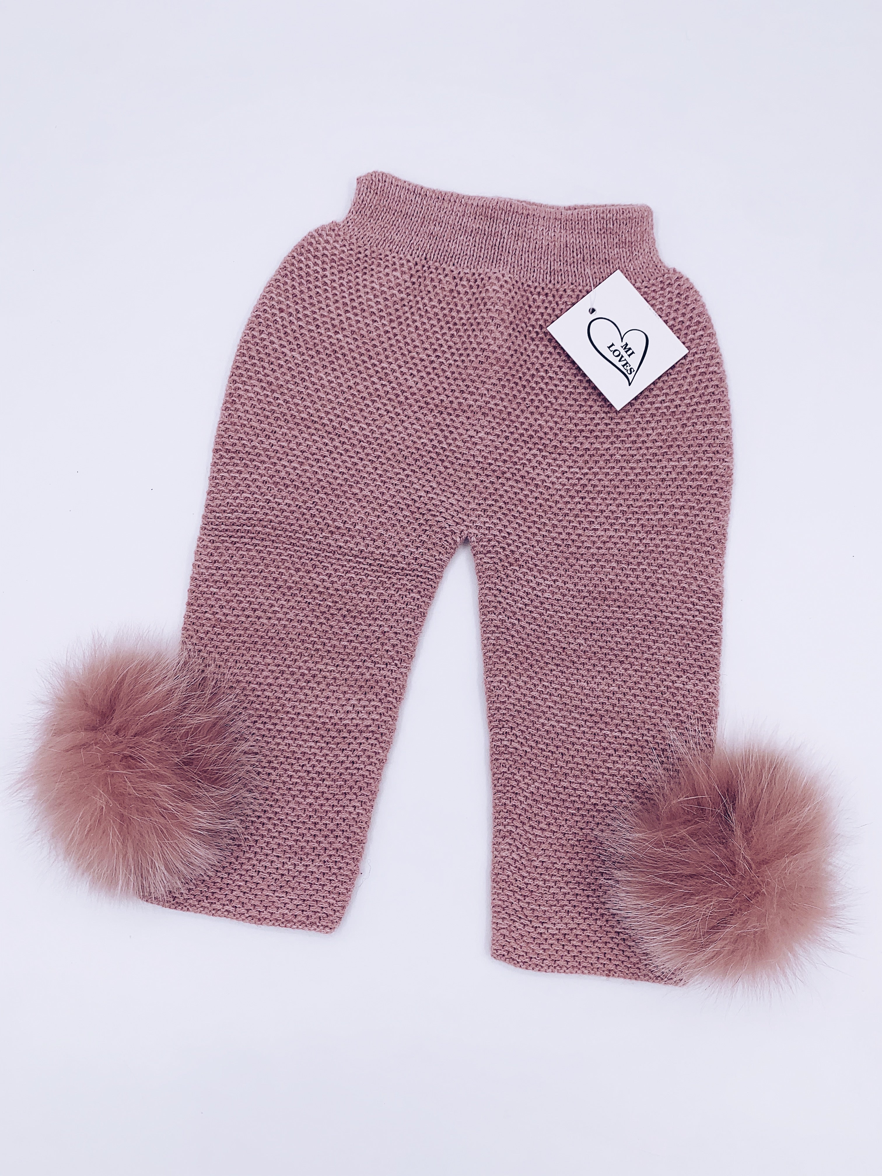 MI LOVES SIGNATURE Luxurious knitted Trousers with fox fur pompoms(ALL COLOURS )