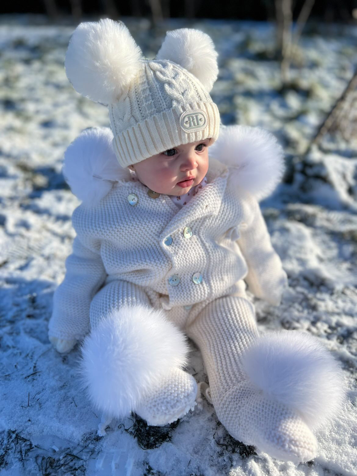 WHITE/IVORY MI LOVES SIGNATURE Fox fur trim/pompoms Baby ANGEL pramsui