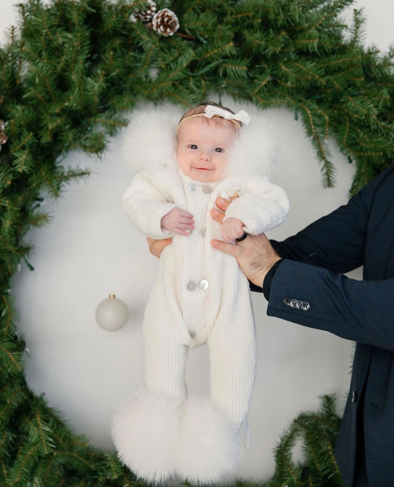 WHITE/IVORY MI LOVES SIGNATURE Fox fur trim/pompoms Baby ANGEL pramsui