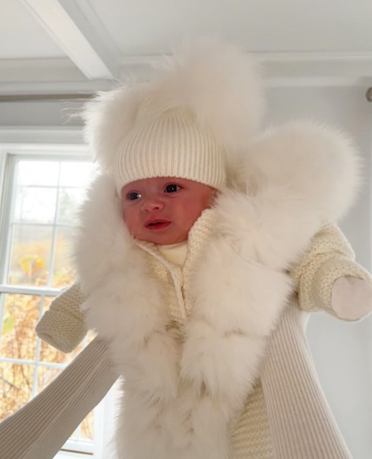 MI LOVES SIGNATURE White/Ivory Knitted Pramsuit with Luxurious Fox fur