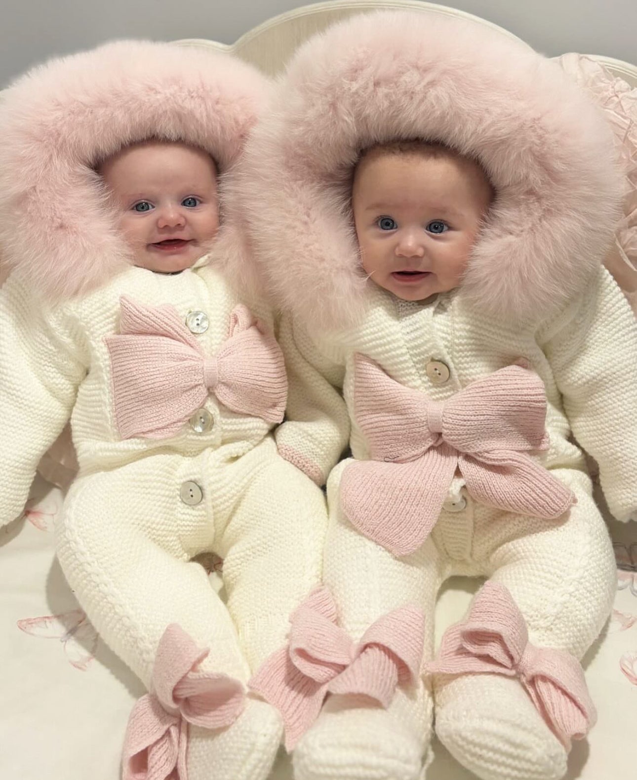 Ivory MI LOVES SIGNATURE Little Doll Pramsuit with Pink Fox fur trim a