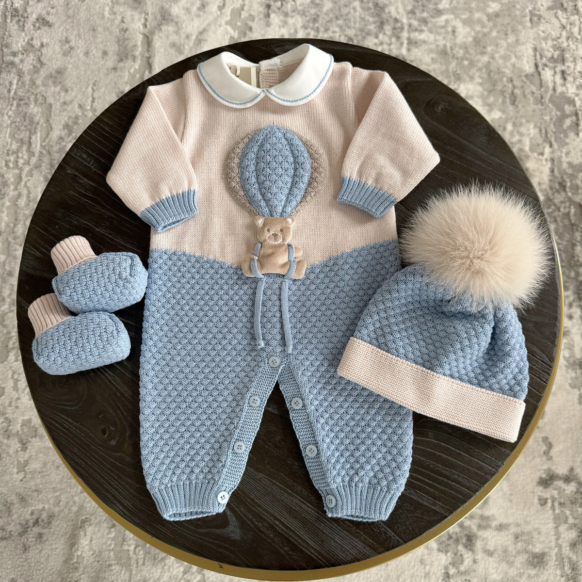Beautiful knitted Merino Wool Cream/Blue Baby Romper with Bear/Air Bal ...