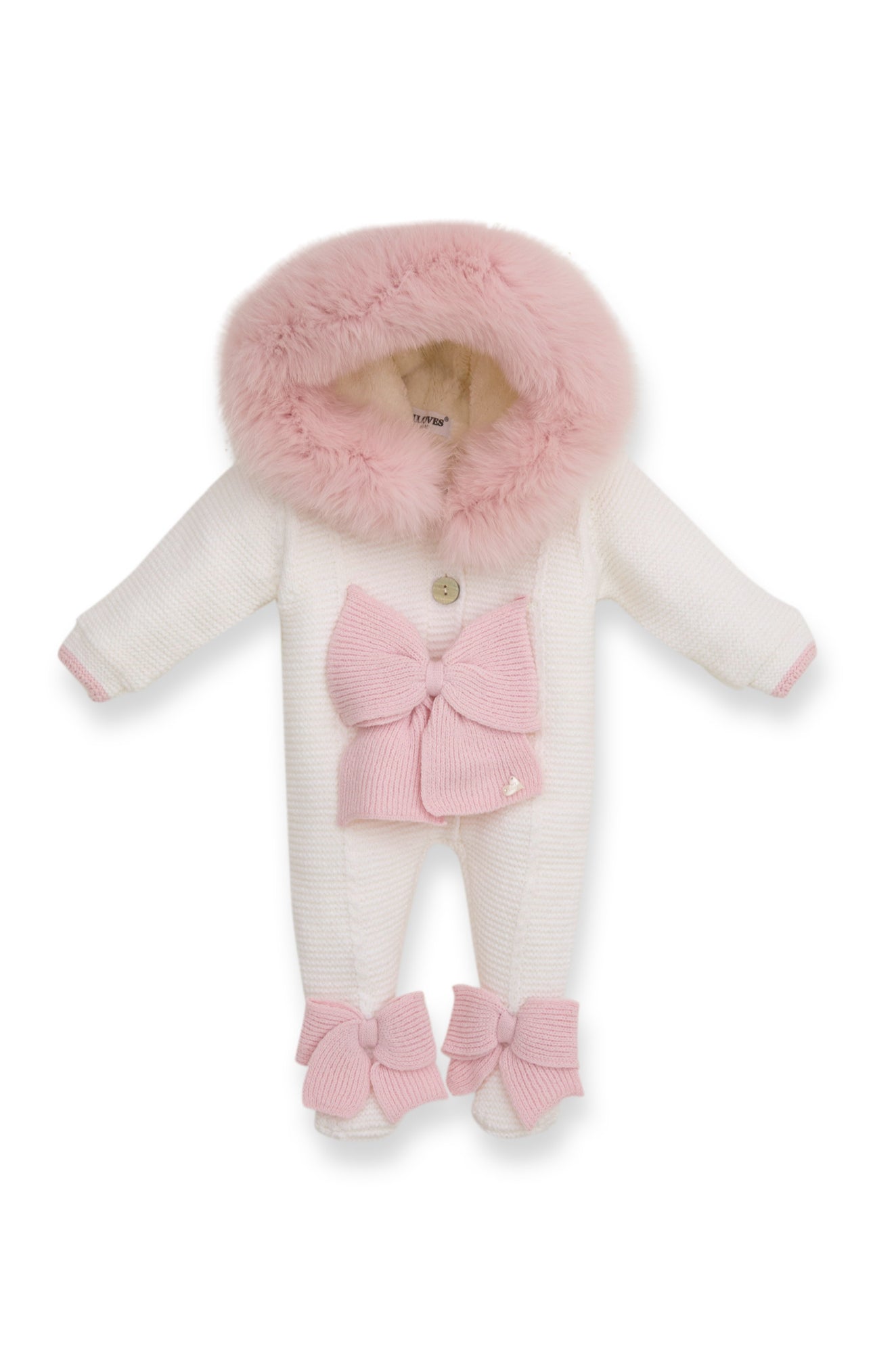Ivory MI LOVES SIGNATURE Little Doll Pramsuit with Pink Fox fur trim a