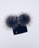MI LOVES Signature Adults Angora Double pompom hat will silver pompoms