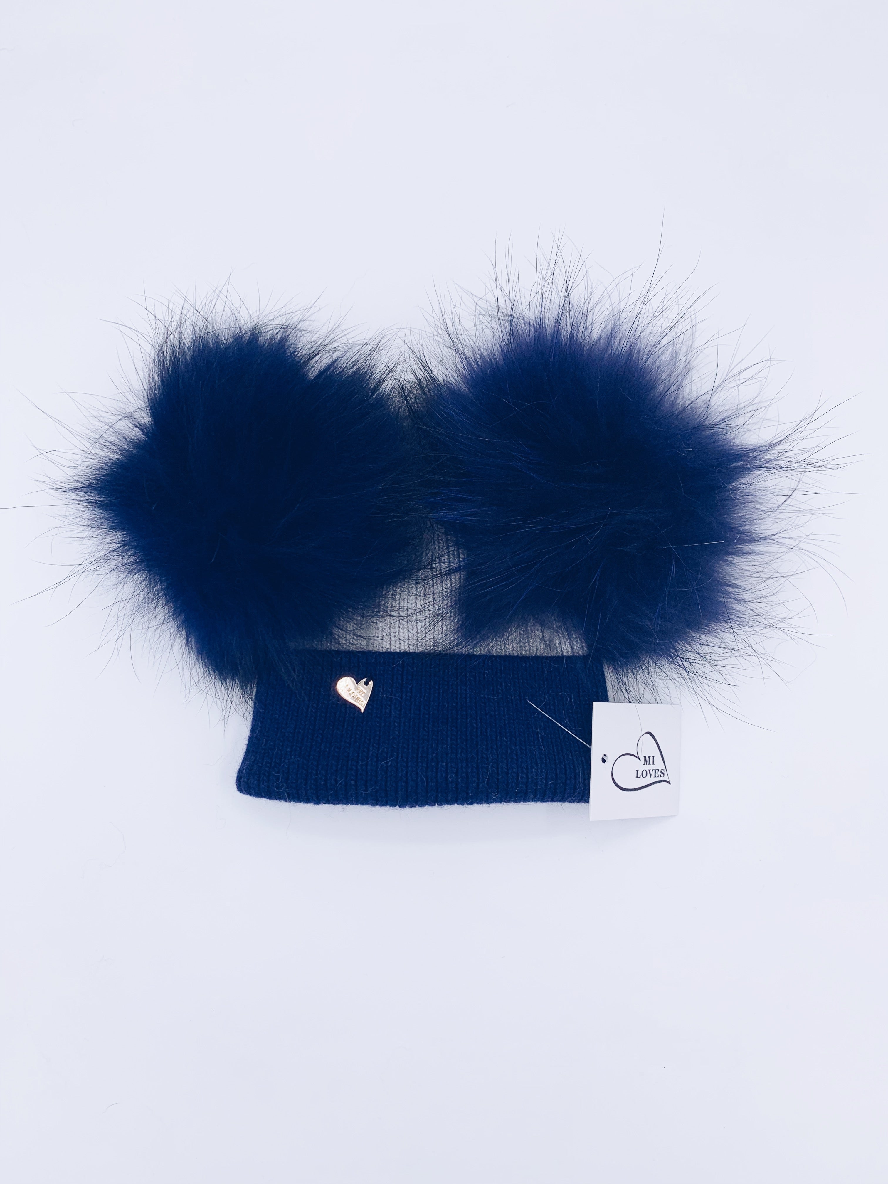 NEW!!MI LOVES Signature Angora Double pompom hat.
