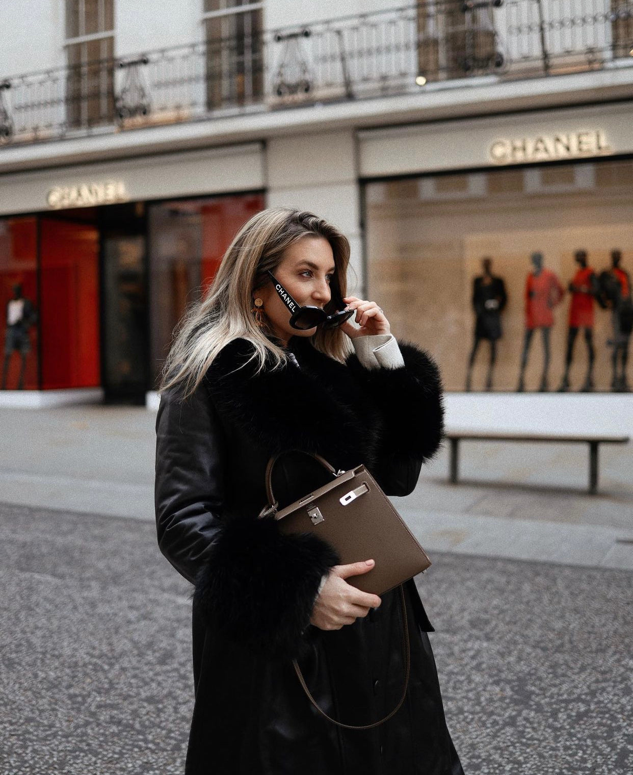 MI LOVES SIGNATURE Luxurious leather trench coat with Synthetic fur trim/cuffs