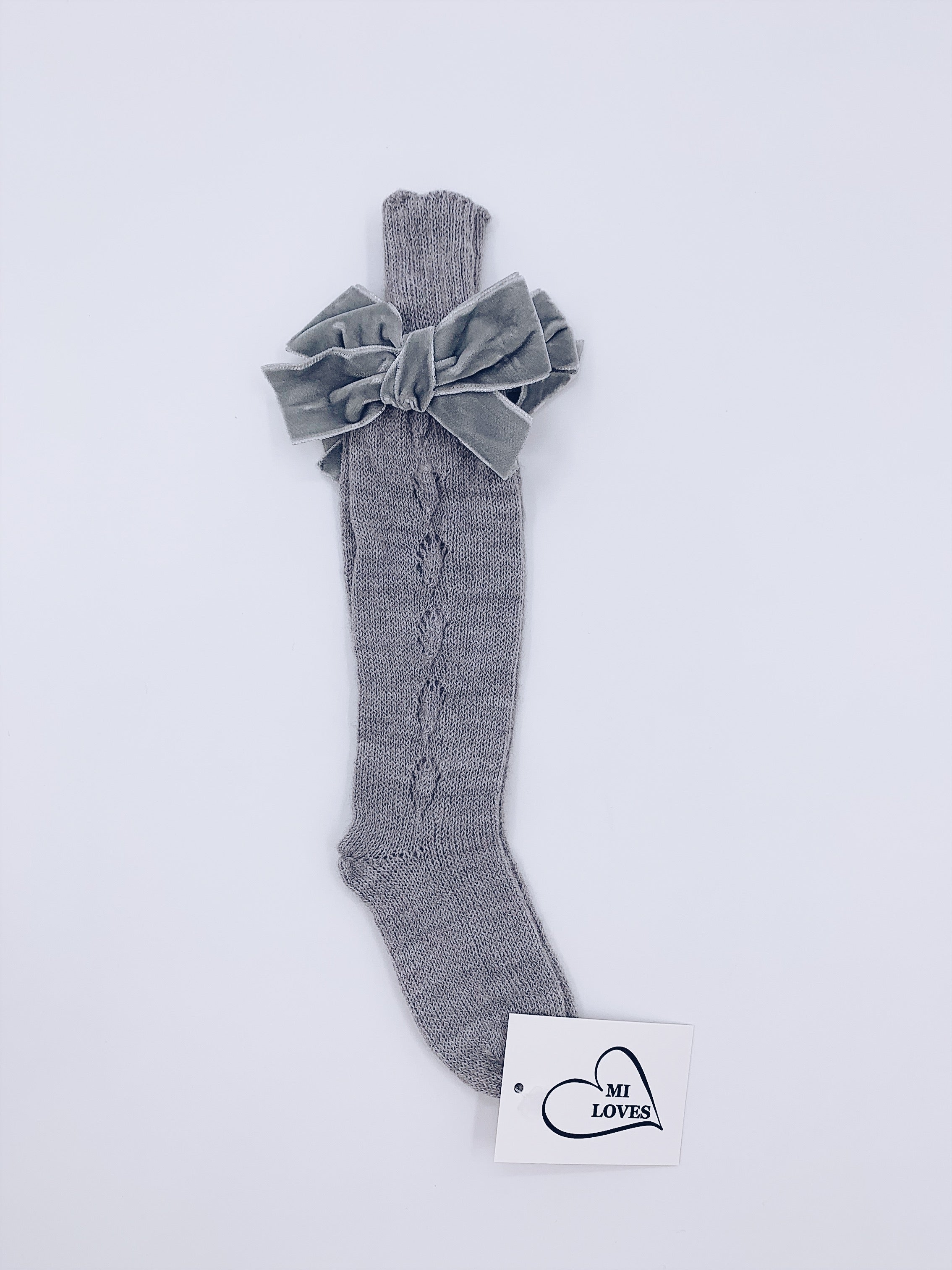 MI LOVES SIGNATURE KNITTED HIGH KNEE SOCKS WITH VELVET BOWS