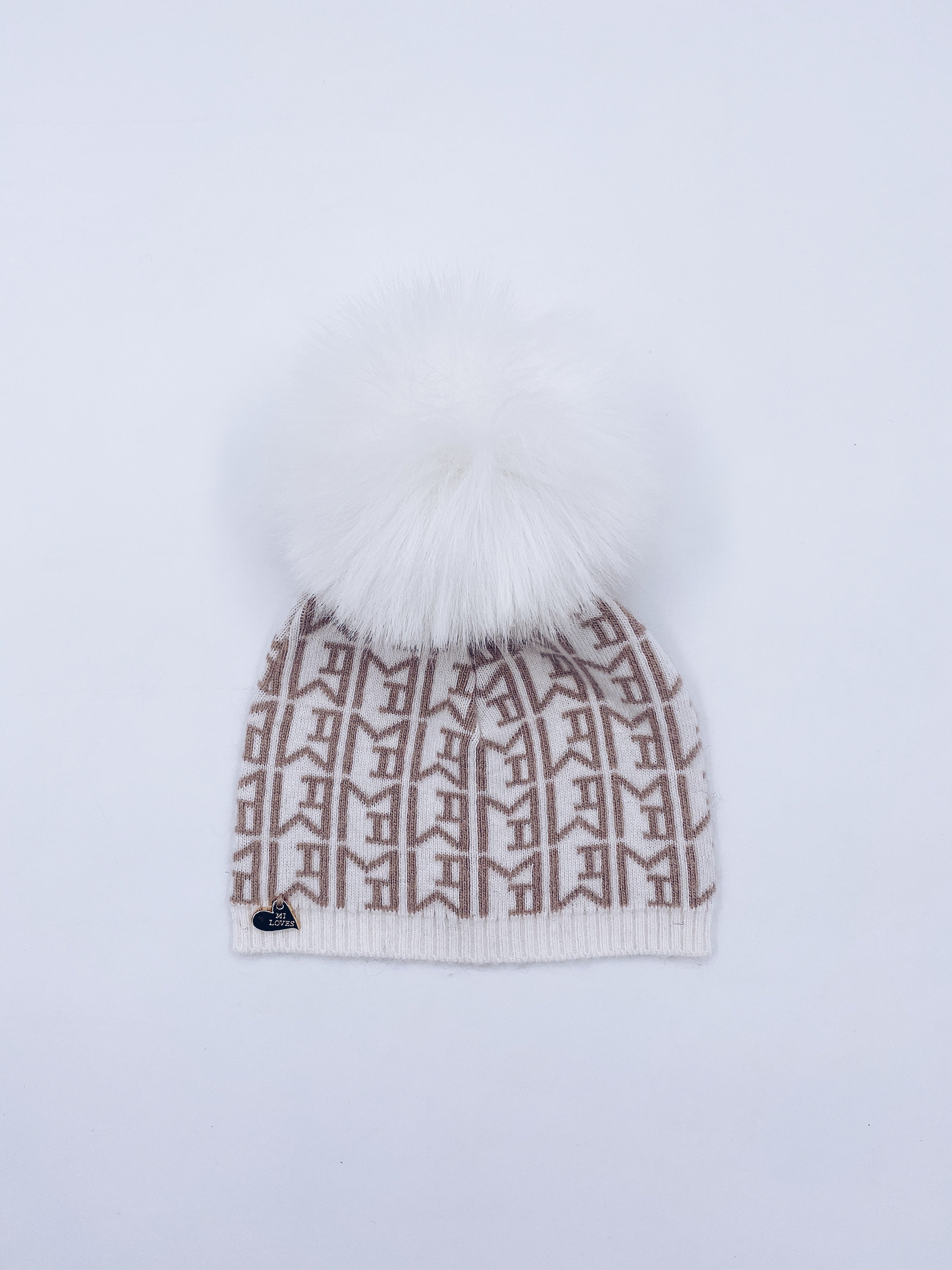 MI LOVES SIGNATURE MONOGRAM Kids hat with Synthetic fur pompom.