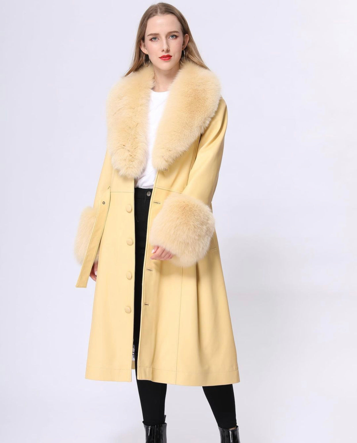 MI LOVES SIGNATURE Luxurious leather trench coat with Synthetic fur trim/cuffs