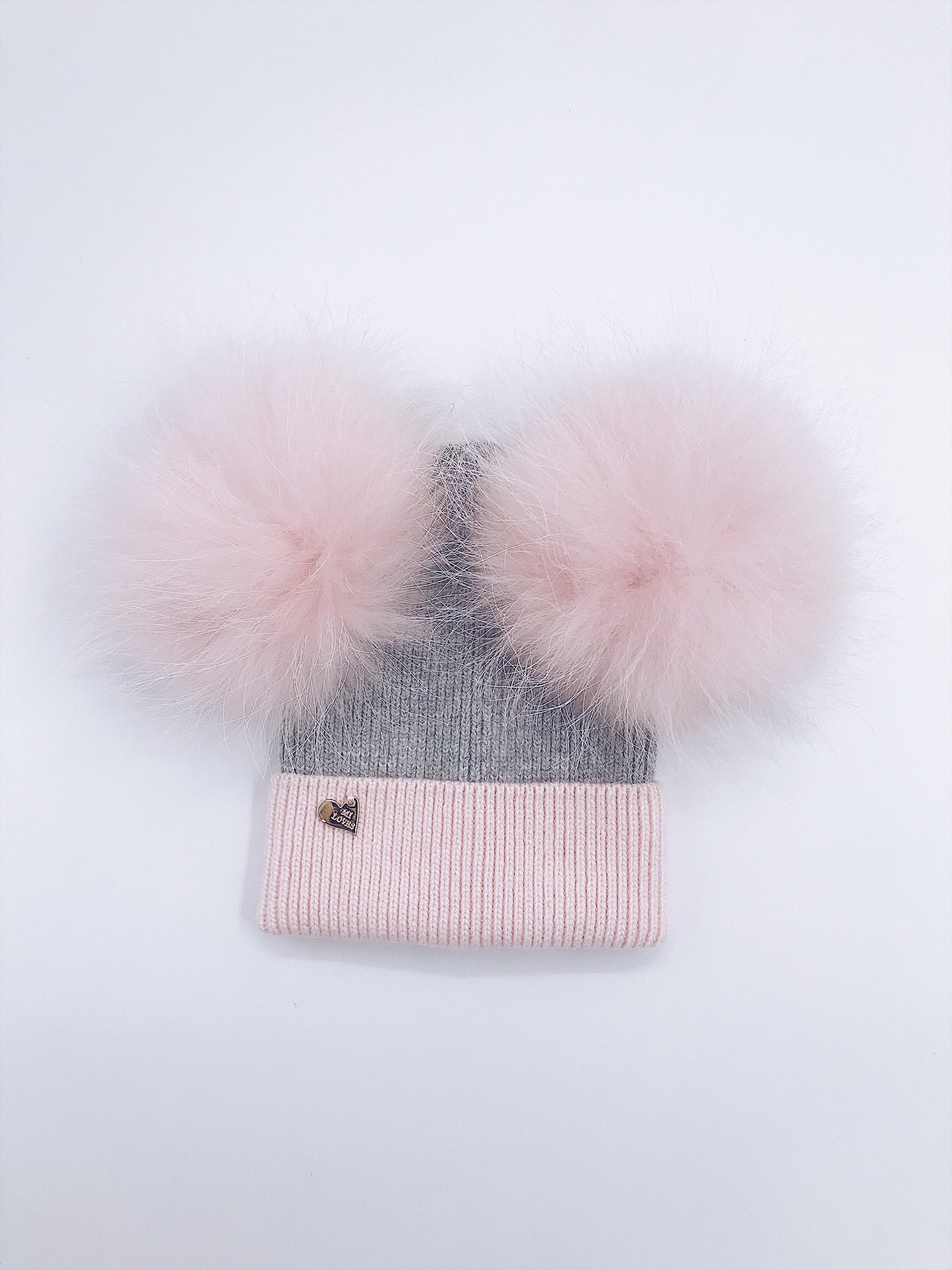 NEW!!MI LOVES Signature Angora Double pompom hat.