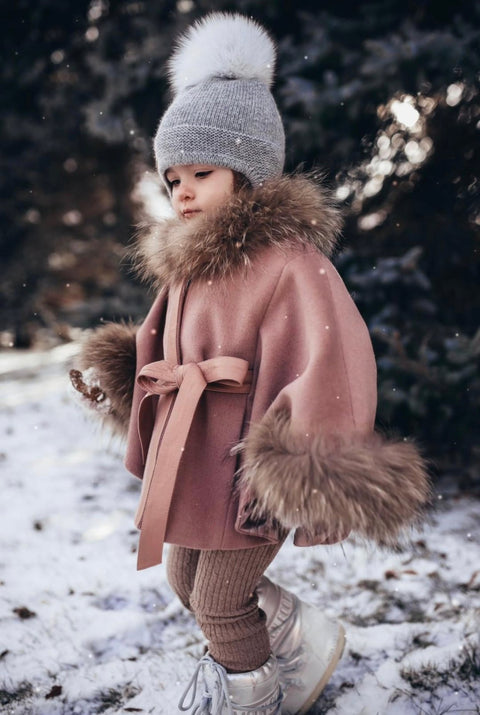 Beige Fur-Trimmed Kids Winter Poncho