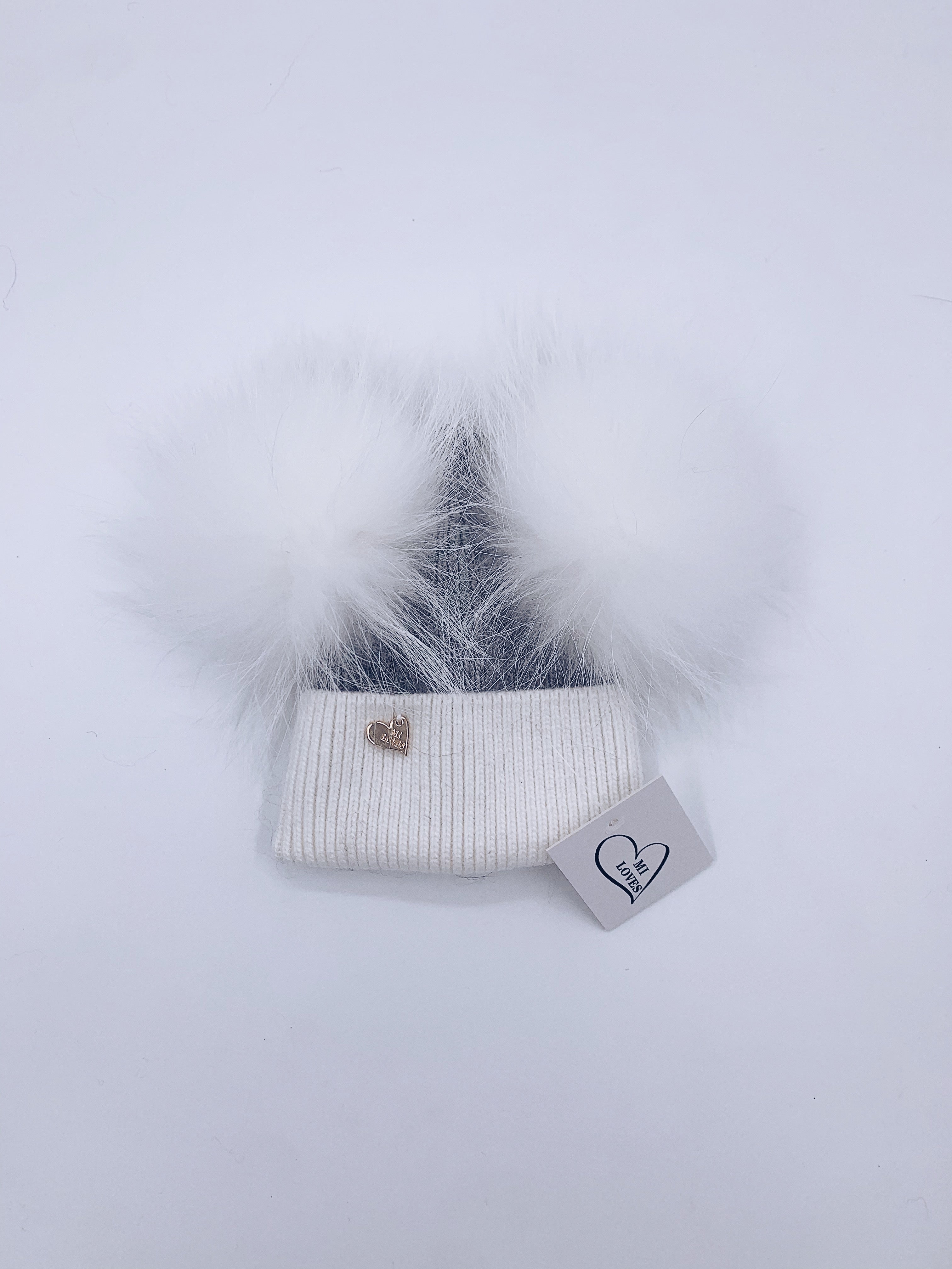 NEW!!MI LOVES Signature Angora Double pompom hat.