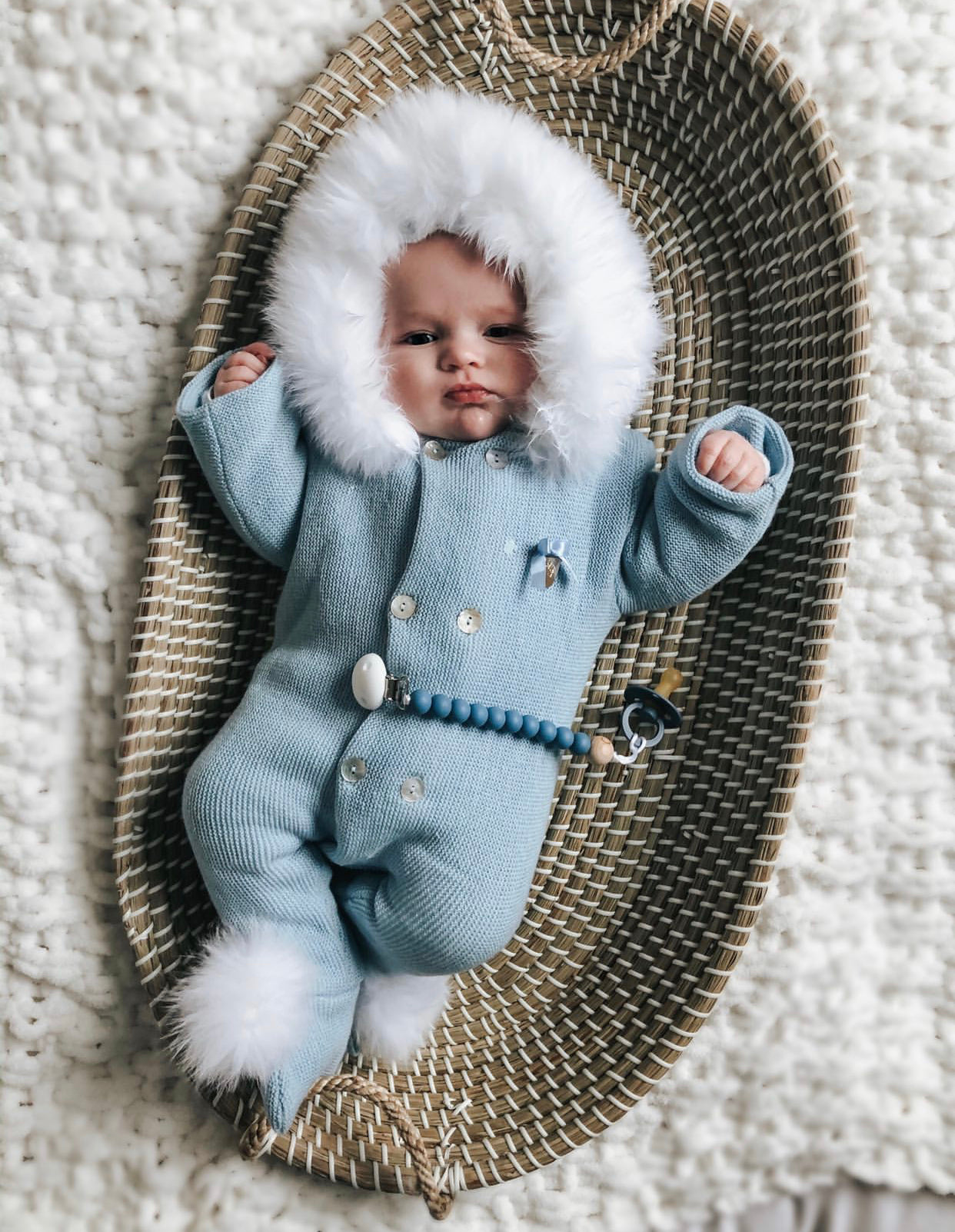 MI LOVES SIGNATURE Fox fur trim/pompoms Baby Pramsuit(ALL COLOURS)