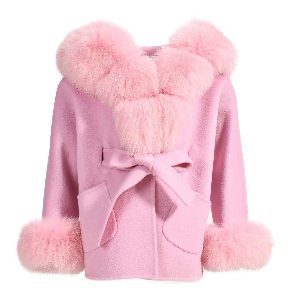 PRE ORDER(Delivery in 2-3 weeks)MI LOVES SIGNATURE Luxurious Anna cashmere Adult coat with Fox fur trim and cuffs.
