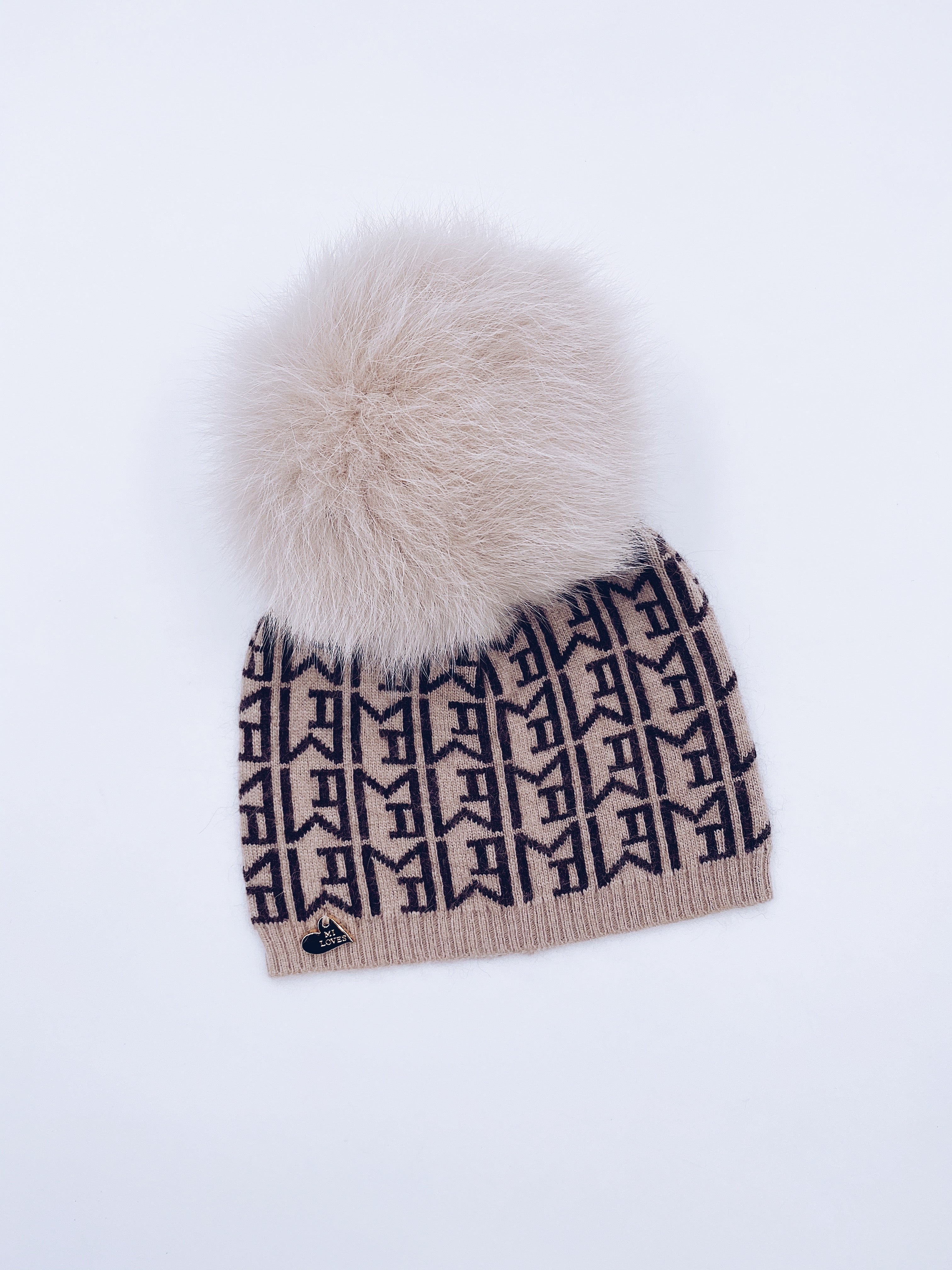 MI LOVES SIGNATURE MONOGRAM Baby hat with Fox fur pompom