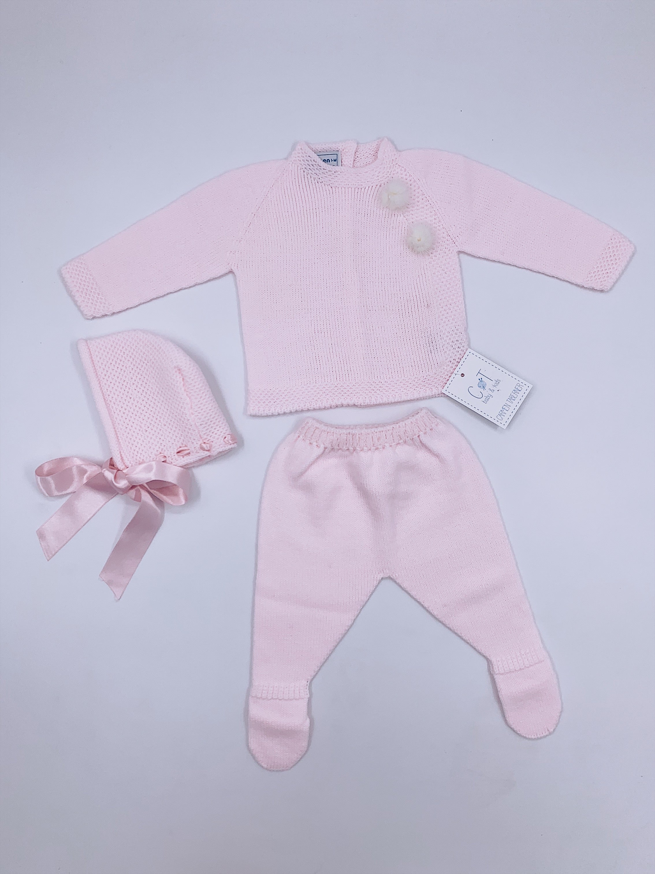Beautiful Carmen Taberner baby knitted 3 piece set with pom-poms