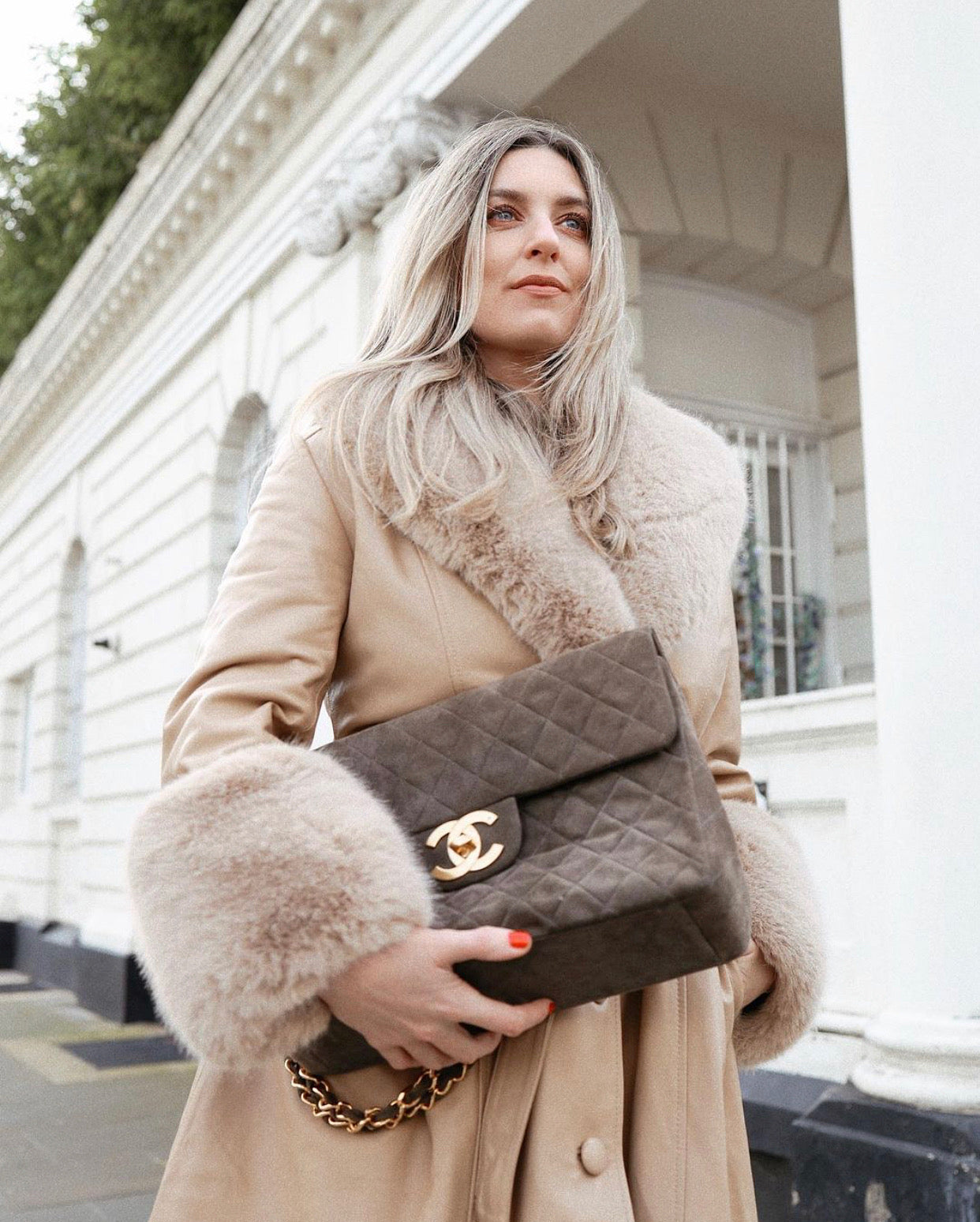 MI LOVES SIGNATURE Luxurious leather trench coat with Synthetic fur trim/cuffs