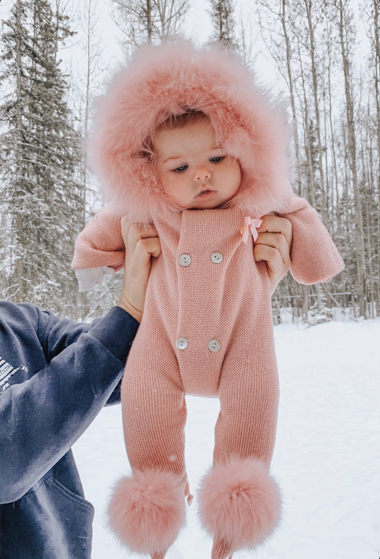 MI LOVES SIGNATURE Fox fur trim pompoms Baby Pramsuit ALL COLOURS