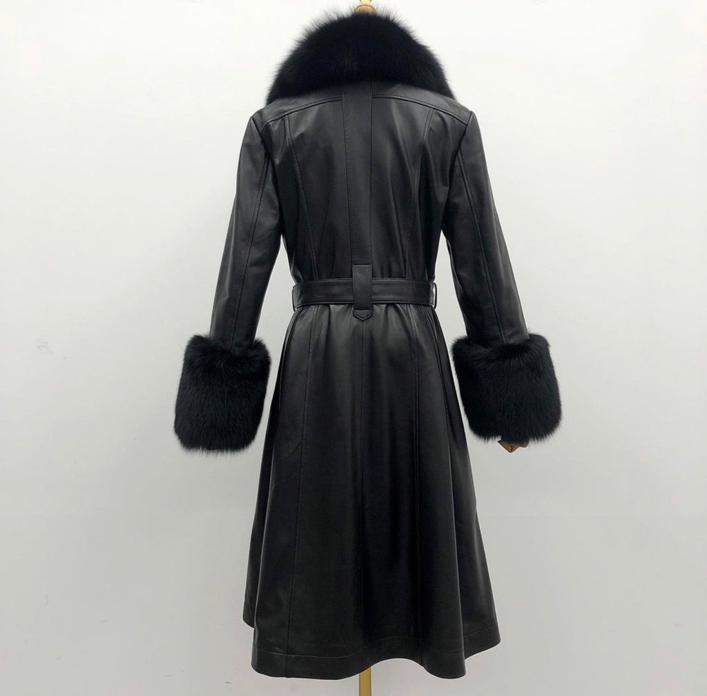 MI LOVES SIGNATURE Luxurious leather trench coat with Synthetic fur tr