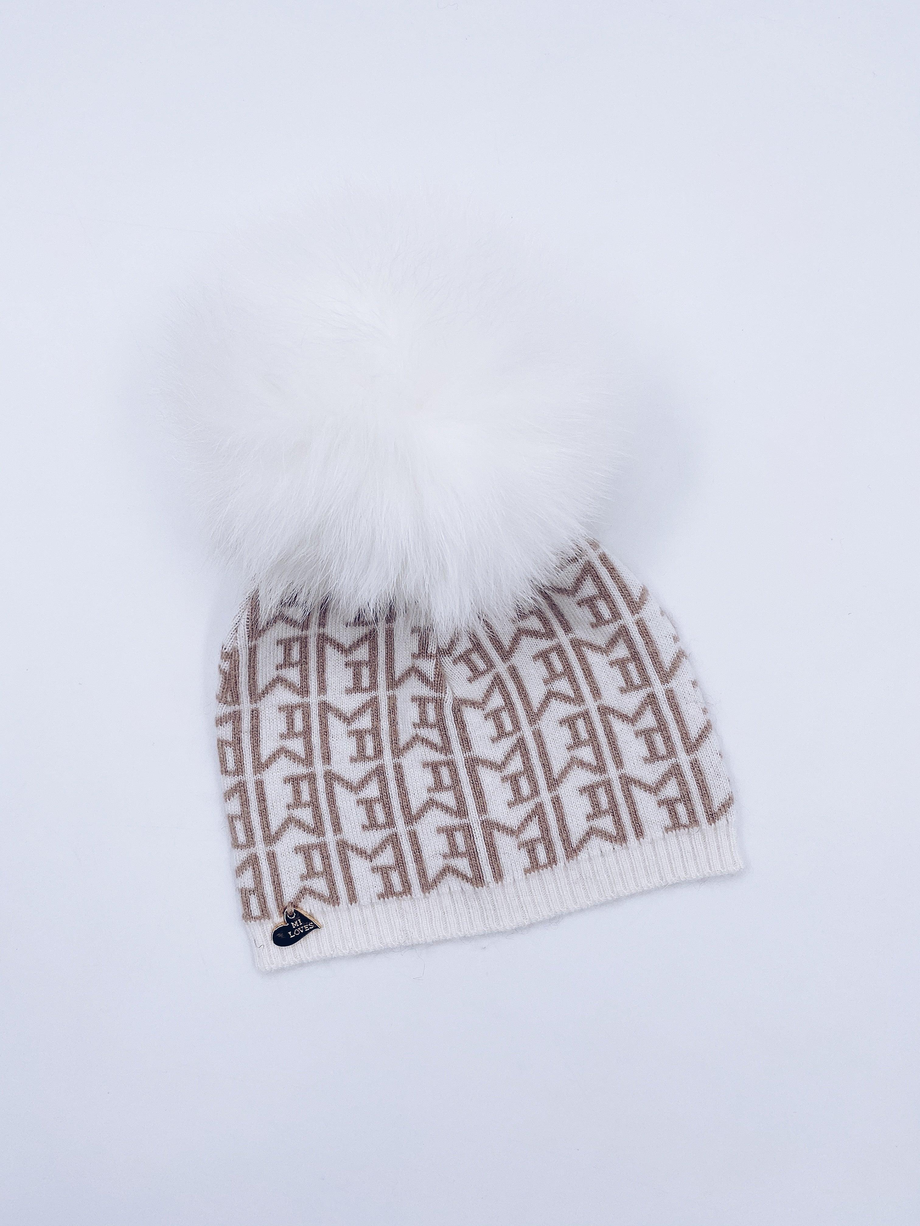 MI LOVES SIGNATURE MONOGRAM Baby hat with Fox fur pompom