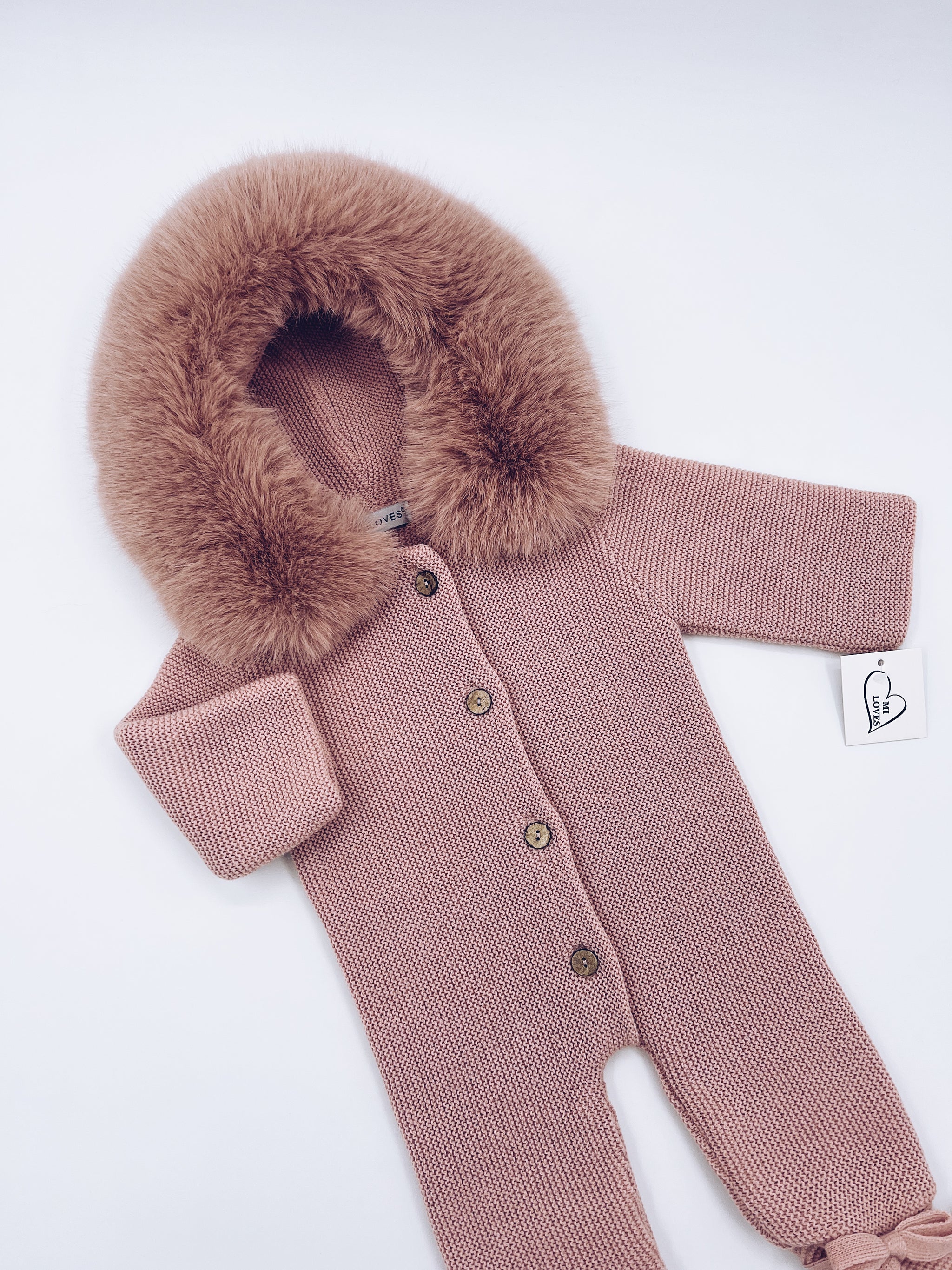 Beautiful Dusty Pink Knitted Pramsuit with Synthetic fur trim