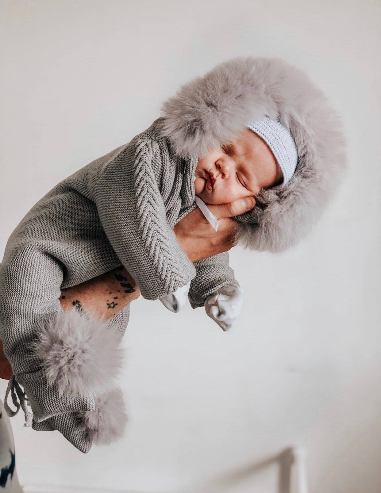 MI LOVES SIGNATURE Fox fur trim/pompoms Baby Pramsuit(ALL COLOURS)