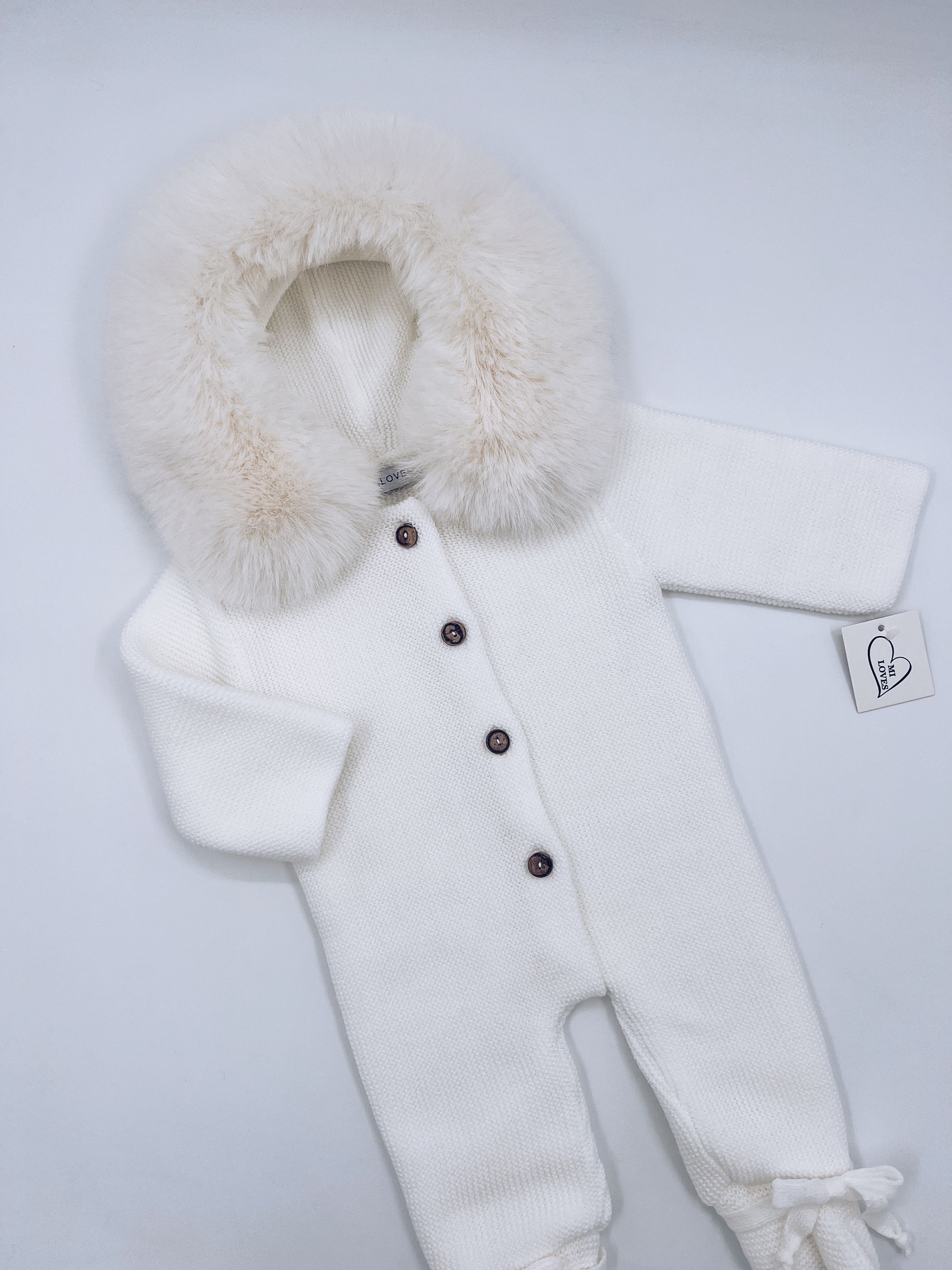 Beautiful Ivory Knitted Pramsuit with Synthetic fur trim. – MI LOVES