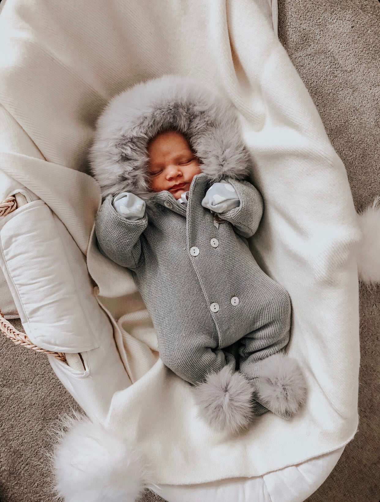 MI LOVES SIGNATURE Fox fur trim pompoms Baby Pramsuit ALL COLOURS