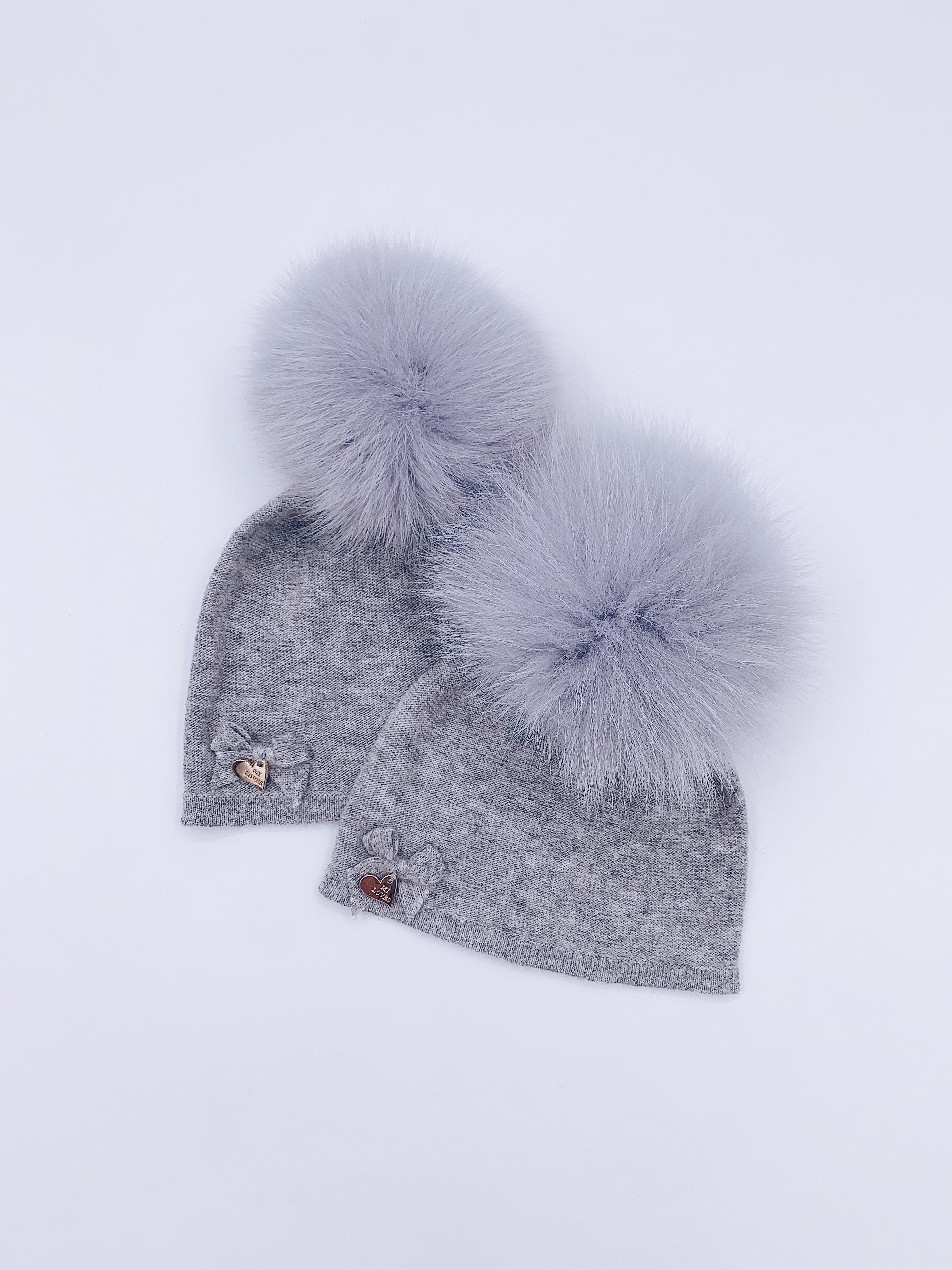 MI LOVES SIGNATURE LUXURIOUS FINE KNIT ANGORA HAT WITH FOX FUR POMPOM (with Bow)