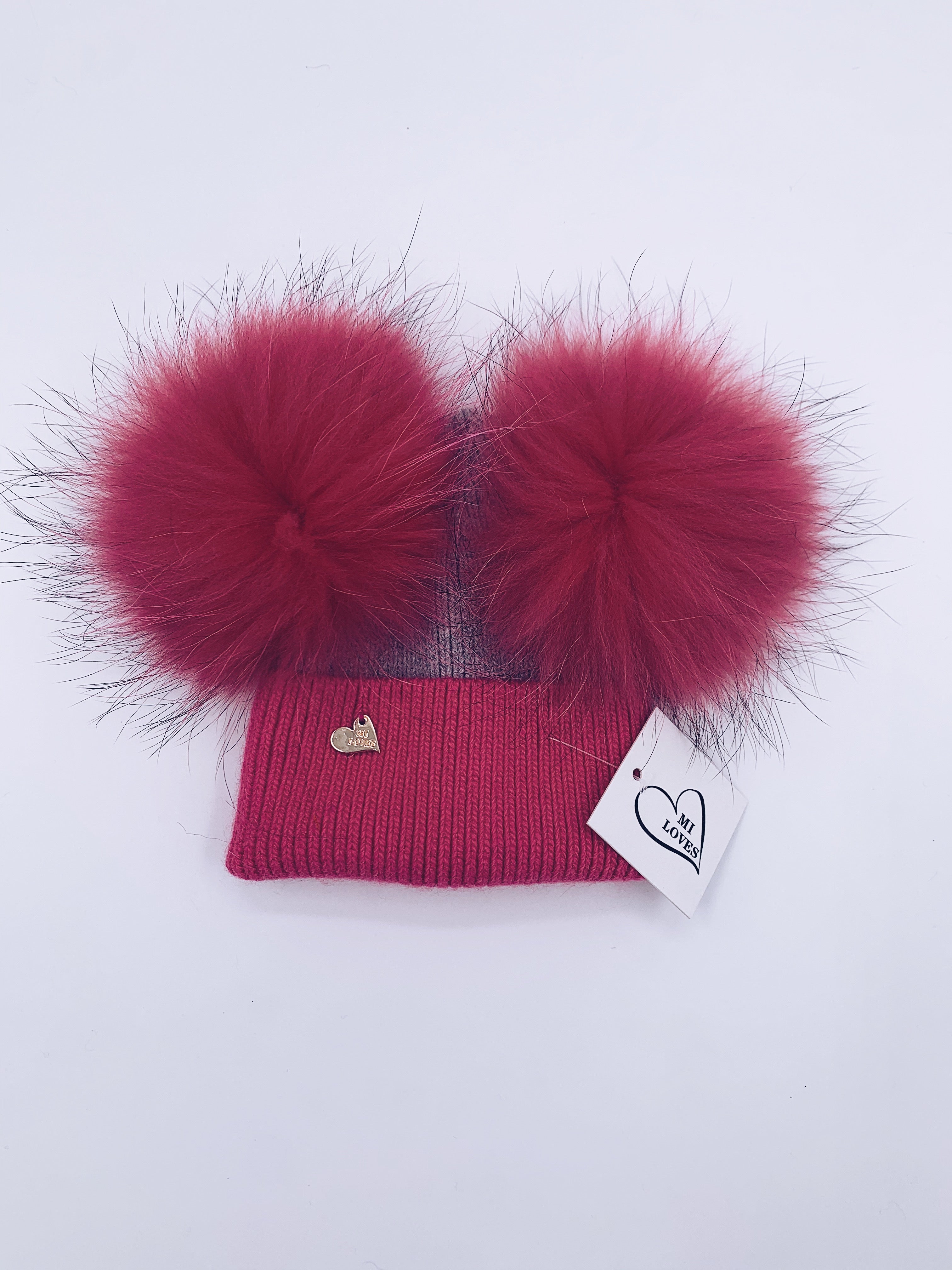 NEW!!MI LOVES Signature Angora Double pompom hat.