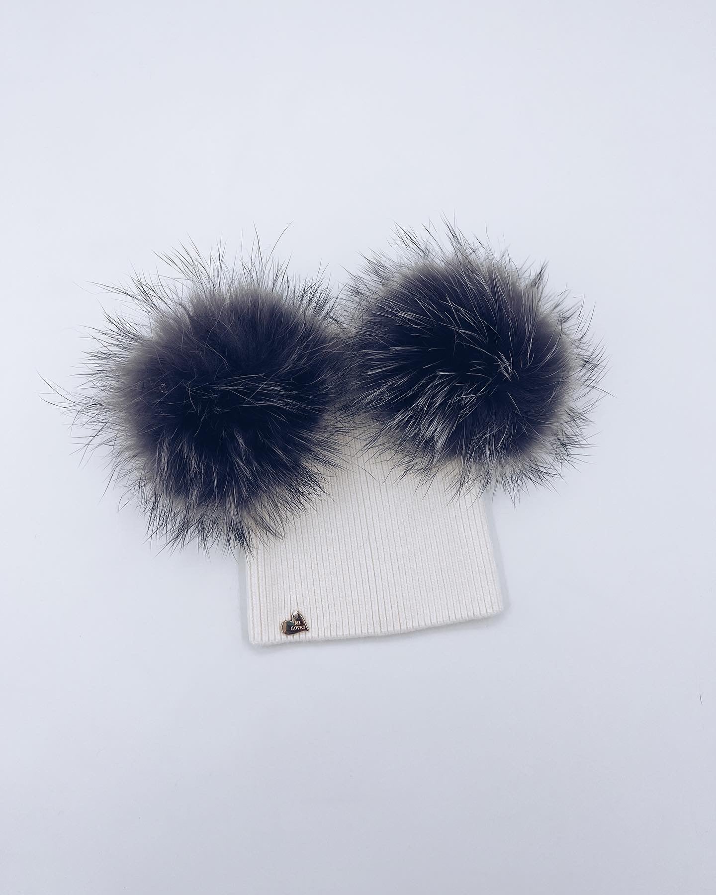 MI LOVES Signature Adults Angora Double pompom hat will silver pompoms