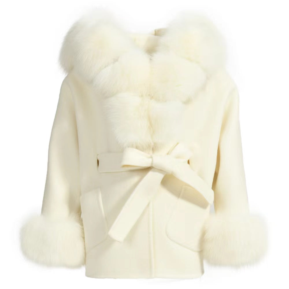 PRE ORDER(Delivery in 2-3 weeks)MI LOVES SIGNATURE Luxurious Anna cashmere Adult coat with Fox fur trim and cuffs.