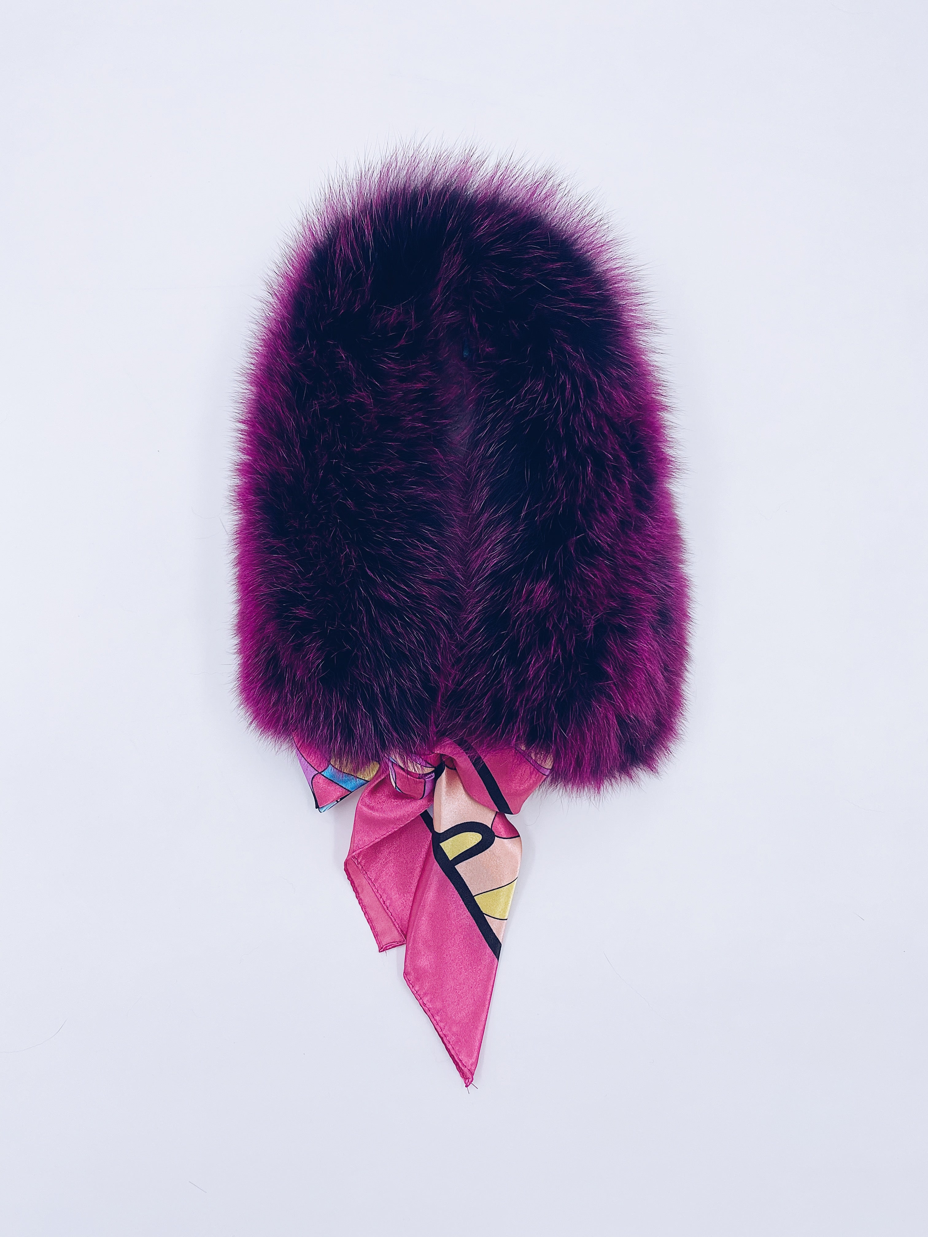 MI LOVES SIGNATURE Luxurious Fox fur collar with silk scarf.