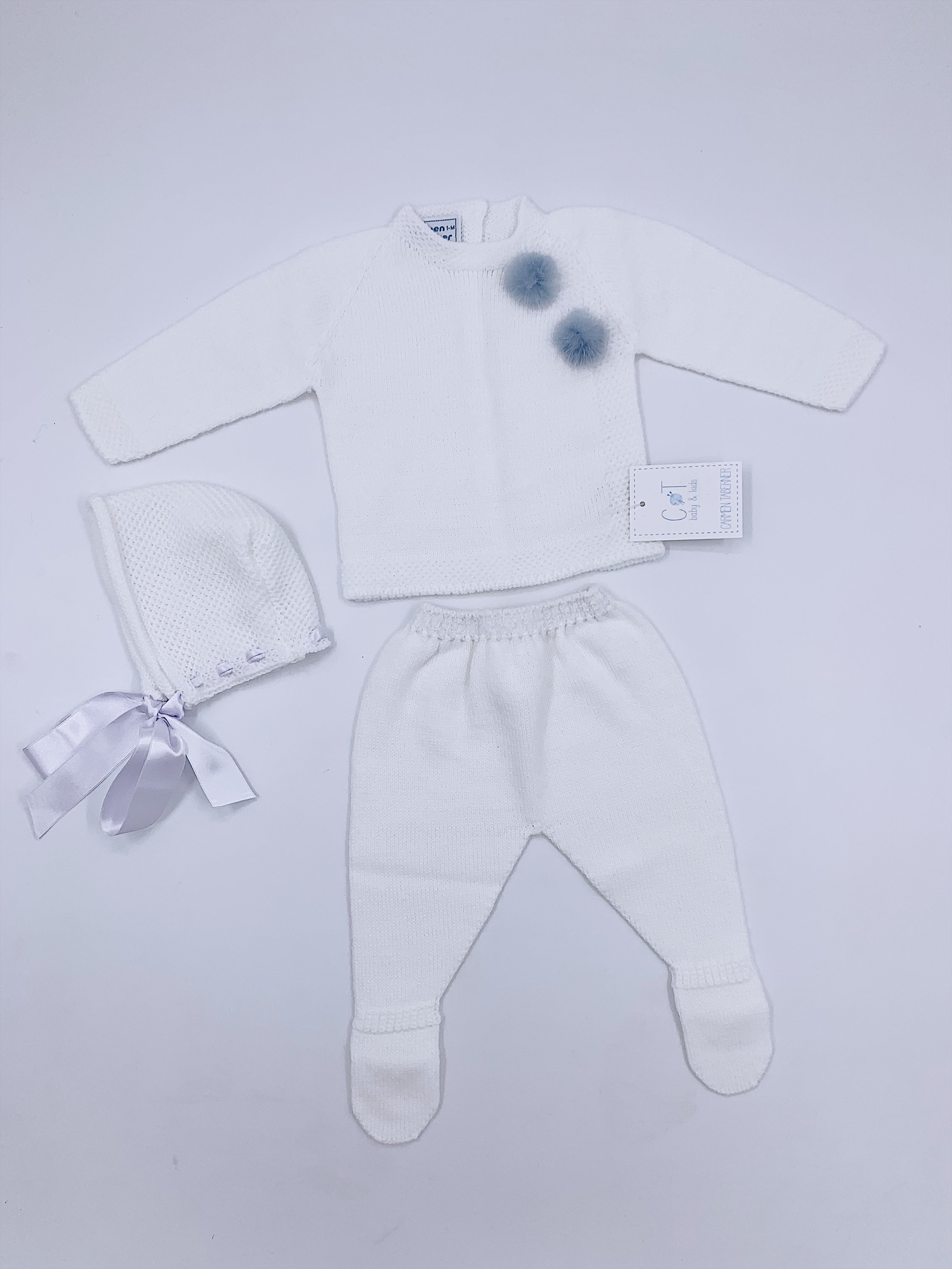 Beautiful Carmen Taberner baby knitted 3 piece set with pom-poms
