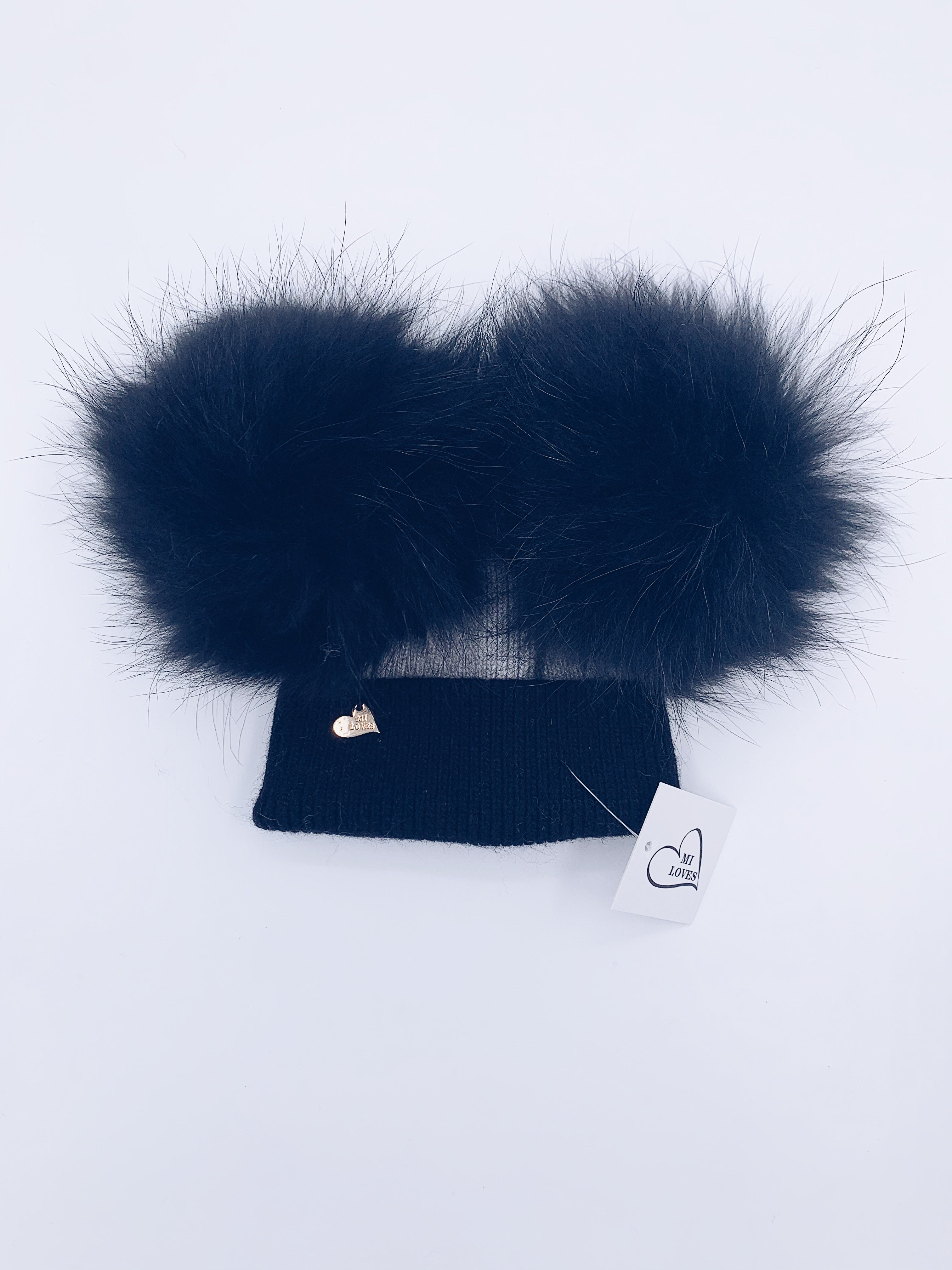 NEW!!MI LOVES Signature Angora Double pompom hat.